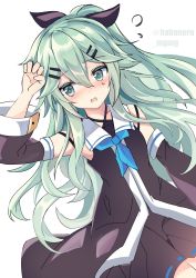 Rule 34 | 1girl, ?, black ribbon, black serafuku, black skirt, commentary request, cowboy shot, detached sleeves, fathom, green eyes, green hair, hair between eyes, hair ornament, hair ribbon, hairclip, highres, kantai collection, long hair, looking to the side, neckerchief, one-hour drawing challenge, parted bangs, pleated skirt, ponytail, ribbon, school uniform, serafuku, sidelocks, simple background, skirt, solo, twitter username, white background, yamakaze (kancolle)