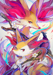 Rule 34 | animal ear fluff, braixen, closed mouth, commentary request, creatures (company), delphox, fang, fang out, flower, furry, game freak, gen 6 pokemon, highres, holding, holding stick, kantarou (8kan), looking down, nintendo, pokemon, pokemon (creature), red eyes, smile, stick, white background, white flower