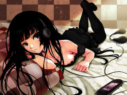 Rule 34 | 1girl, as109, bad id, bad pixiv id, bed, bedroom, black dress, black eyes, black hair, blunt bangs, breasts, dress, female focus, gakkou wo deyou, handheld game console, headphones, highres, hime cut, koumyouji maiko, long hair, looking at viewer, lying, off shoulder, on stomach, pantyhose, parted lips, pillow, playstation portable, product placement, solo