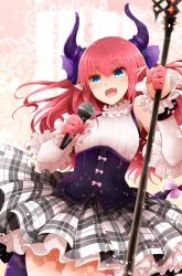 Rule 34 | &gt;:d, 1girl, :d, arano oki, bare shoulders, blue eyes, blush, breasts, corset, cowboy shot, detached sleeves, dress, elizabeth bathory (fate), elizabeth bathory (fate/extra ccc), elizabeth bathory (second ascension) (fate), fang, fate/grand order, fate (series), holding, holding weapon, horns, long hair, looking at viewer, microphone, music, open mouth, pink hair, pointy ears, polearm, singing, small breasts, smile, solo, spear, v-shaped eyebrows, weapon