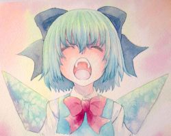 Rule 34 | 1girl, blue eyes, blue hair, bow, cirno, closed eyes, hair bow, ice, ice wings, matching hair/eyes, open mouth, painting (medium), sad, screaming, solo, touhou, traditional media, watercolor (medium), wings, yuyu (00365676)