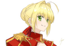 Rule 34 | 10s, 1girl, ahoge, ashiwara yuu, blonde hair, bow, braid, closed mouth, epaulettes, fate/extra, fate (series), green eyes, hair between eyes, hair bow, hair bun, hair intakes, nero claudius (fate), nero claudius (fate) (all), nero claudius (fate/extra), portrait, puffy sleeves, red bow, sidelocks, signature, simple background, single hair bun, sketch, smile, solo, white background