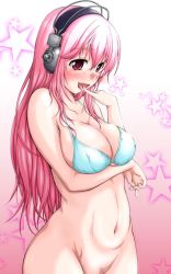 Rule 34 | 1girl, bikini, bikini top only, blush, bottomless, breasts, cleavage, collarbone, licking finger, headphones, large breasts, licking, long hair, looking at viewer, naughty face, navel, nitroplus, no panties, open mouth, pink eyes, pink hair, smile, solo, super sonico, sweat, swimsuit, tongue, yts takana