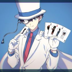 Rule 34 | 1boy, ;q, ace (playing card), ace of clubs, ace of diamonds, ace of hearts, ace of spades, akiyoshi (tama-pete), blue background, blue eyes, blue shirt, brown hair, cape, card, club (shape), commentary, diamond (shape), dress shirt, formal, gloves, hair between eyes, hands up, hat, heart, holding, holding card, jacket, joker (playing card), kaitou kid, long sleeves, looking at viewer, magic kaito, male focus, meitantei conan, monocle, monocle chain, necktie, one eye closed, playing card, red necktie, shirt, short hair, smile, solo, spade (shape), suit, tongue, tongue out, top hat, upper body, white cape, white gloves, white hat, white jacket, white suit