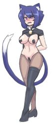 Rule 34 | 1girl, absurdres, angry, animal ear fluff, animal ears, arms behind back, blue hair, blush, body freckles, breasts, cat ears, cat tail, doce, eyes visible through hair, fang, female focus, freckles, freckles on breasts, full body, heels, highres, looking at viewer, maebari, meme attire, original, parted lips, pasties, purple eyes, reverse bunnysuit, reverse outfit, short hair, simple background, solo, standing, tail, thighhighs, white background, xiao (docecaedrus)