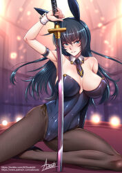 Rule 34 | 1girl, :d, adsouto, animal ears, bare shoulders, black hair, black leotard, black necktie, breasts, brown pantyhose, cleavage, commentary, english commentary, fake animal ears, fishnet pantyhose, fishnets, grin, highres, holding, holding sword, holding weapon, igawa asagi, indoors, katana, large breasts, leotard, long hair, necktie, open mouth, pantyhose, playboy bunny, signature, smile, solo, strapless, strapless leotard, sword, taimanin (series), taimanin asagi, teeth, v-shaped eyebrows, watermark, weapon, web address, wrist cuffs