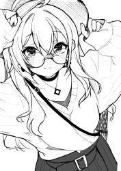 Rule 34 | 1girl, ahoge, belt, berry, black choker, blush, choker, crossed bangs, earrings, fingernails, food-themed earrings, glasses, greyscale, hololive, hololive english, jewelry, long hair, looking at viewer, monochrome, multicolored hair, nanashi mumei, nanashi mumei (casual), necklace, nejime, official alternate costume, oversized clothes, pleated skirt, round eyewear, shirt, sketch, skirt, sleeves past wrists, smile, streaked hair, sweater, unfinished, very long hair, virtual youtuber