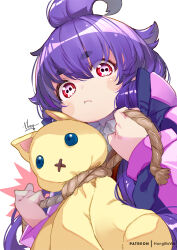 Rule 34 | 1girl, :t, closed mouth, collared shirt, commentary request, dark gathering, flipped hair, hair between eyes, hong (white spider), houzuki yayoi, jacket, long sleeves, open clothes, open jacket, puffy long sleeves, puffy sleeves, purple hair, purple jacket, red eyes, rope, shirt, signature, simple background, skull-shaped pupils, solo, strangling, stuffed animal, stuffed cat, stuffed toy, symbol-shaped pupils, upper body, white background, white shirt