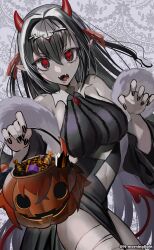 Rule 34 | 1girl, absurdres, adapted costume, asakou (n morninglight), black nails, breasts, candy, claw pose, demon horns, demon tail, dress, fake horns, fangs, fate/grand order, fate (series), food, fur-trimmed dress, fur trim, hair ribbon, halloween bucket, headpiece, highres, horns, large breasts, pointy ears, red eyes, ribbon, scathach (fate), scathach skadi (fate), solo, tail, tiara