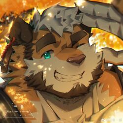 Rule 34 | 1boy, autumn leaves, bara, beard, blush, facial hair, from above, furry, furry male, grin, highres, huge eyebrows, large hands, light blush, looking at viewer, male focus, mature male, muscular, muscular male, one eye closed, orange theme, original, portrait, salute, short hair, smile, solo, sunlight, thick eyebrows, tiger boy (mouact2), tree shade, two-finger salute, winters29208178