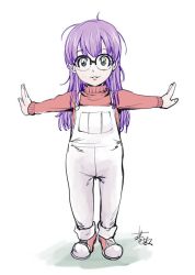 Rule 34 | 1girl, dr. slump, glasses, green eyes, kon-kit, long hair, looking at viewer, norimaki arale, outstretched arms, overalls, purple hair, signature, simple background, smile, solo, spread arms, suspenders, white background