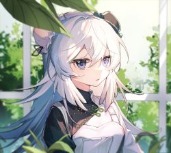 Rule 34 | 1girl, arknights, blue eyes, bun cover, chinese clothes, chinese commentary, commentary request, feather hair, highres, indoors, long hair, looking at viewer, mulberry (arknights), mulberry (plant crude drug) (arknights), official alternate costume, parted lips, silver hair, solo, upper body, window, yunweishukuang