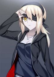 Rule 34 | :/, artoria pendragon (all), artoria pendragon (fate), blindfold, blindfold lift, breasts, cleavage, cowboy shot, fate/stay night, fate (series), grey background, highres, jacket, jewelry, long hair, medium breasts, necklace, pale skin, saber (fate), saber alter, skylader, solo, yellow eyes