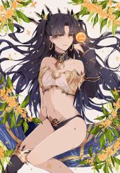 Rule 34 | 1girl, asymmetrical bangs, bikini, black hair, black ribbon, black thighhighs, breasts, collarbone, commentary, detached collar, earrings, fate/grand order, fate (series), flower, gold osmanthus, gold trim, hair ribbon, hand up, heavenly boat maanna, highres, hoop earrings, ishtar (fate), jewelry, long hair, looking at viewer, mismatched bikini, navel, osmanthus, parted lips, revision, ribbon, single thighhigh, sitting, small breasts, smile, sodamachi, solo, stomach, swimsuit, thighhighs, tiara, twintails, yellow eyes