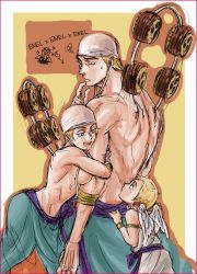 Rule 34 | 1girl, 2boys, age difference, aged down, armlet, blonde hair, blue eyes, border, bracelet, breast press, child, drum, dual persona, earlobes, earrings, enel, genderswap, genderswap (mtf), highres, hug, instrument, jewelry, kepe, multiple boys, multiple persona, nose, one piece, outside border, sash, size difference, skypiea, smile, toned, toned female, toned male, topless, white border, wings