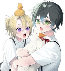 Rule 34 | 2boys, absurdres, animal, animal on head, bird, blush, bow, bowtie, collared shirt, crossed bangs, duck, fang, glasses, green eyes, hanairo (pixiv64395087), highres, holding, holding animal, ike eveland, luca kaneshiro, male focus, multiple boys, nijisanji, nijisanji en, on head, one side up, open mouth, purple eyes, red bow, red bowtie, shirt, simple background, suspenders, virtual youtuber, white background