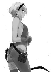 Rule 34 | 1girl, breasts, dark-skinned female, dark skin, fate/grand order, fate/prototype, fate/prototype: fragments of blue and silver, fate (series), gloves, goshiki suzu, greyscale, hairband, hassan of serenity (fate), holster, leotard, medium breasts, monochrome, profile, short hair