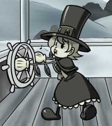 Rule 34 | &gt;:o, 1girl, :o, alternate color, black eyes, capelet, dress, female focus, gloves, hat, mechanical arms, mister x (shojinn), monochrome, musical note, muted color, parody, peacock (skullgirls), ribbon, short hair, skullgirls, solo, standing, steamboat willie, steering wheel, style parody, top hat, v-shaped eyebrows, whistling