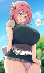 Rule 34 | 1girl, blue eyes, blurry, blurry background, blush, breasts, cleavage, cloud, ear focus, embarrassed, food print, forest, frilled skirt, frills, hair ornament, headdress, highres, huge breasts, large breasts, leaf, looking down, miniskirt, nature, open mouth, panties, pantyshot, pink hair, princess connect!, print panties, ribbon, shiny skin, short hair, short sleeves, skirt, sky, solo, strawberry panties, strawberry print, sweat, sweatdrop, thighs, tree, undersized clothes, underwear, yue (show-ei), yui (princess connect!)