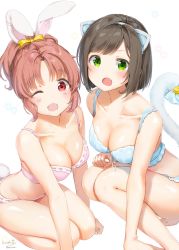 Rule 34 | 2girls, :d, ;d, abe nana, animal ears, arm support, bare arms, bare shoulders, barefoot, blue bra, blue panties, blue ribbon, blush, bra, breasts, cat ears, cat tail, cleavage, collarbone, commentary request, fake animal ears, fang, green eyes, highres, idolmaster, idolmaster cinderella girls, kinako (shiratama mochi), large breasts, leaning forward, looking at viewer, maekawa miku, md5 mismatch, multiple girls, one eye closed, open mouth, panties, parted bangs, pink bra, pink panties, ponytail, rabbit ears, rabbit tail, resolution mismatch, revision, ribbon, ribbon-trimmed bra, seiza, shiny skin, short hair, signature, simple background, sitting, smile, source smaller, squatting, swept bangs, tail, tail ornament, tail ribbon, tareme, thighs, underwear, underwear only, white background
