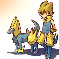 Rule 34 | 00s, 1boy, blonde hair, boots, creatures (company), game freak, gen 3 pokemon, hands in pockets, hitec, male focus, manectric, moemon, nintendo, personification, pointy ears, pokemon, pokemon (creature), pokemon rse, popped collar, spiked hair, standing