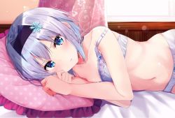Rule 34 | 10s, 1girl, bare arms, bare shoulders, bed, bed sheet, black hairband, blue bow, blush, bow, bow panties, bra, collarbone, curtains, frilled pillow, frills, frown, hair ornament, hairband, highres, indoors, lens flare, looking at viewer, lying, navel, on bed, on side, panties, pillow, polka dot, rouka (akatyann), ryuuou no oshigoto!, silver hair, snowflake hair ornament, solo, sora ginko, stomach, strap slip, tareme, underwear, underwear only, upper body, white bra, white panties, window