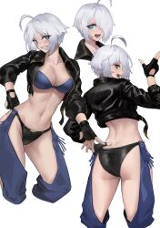 Rule 34 | 1girl, angel (kof), arc2urus, ass, backless pants, blue eyes, boots, bra, breasts, chaps, cleavage, cowboy boots, crop top, cropped jacket, fingerless gloves, gloves, hair over one eye, highres, horns pose, index fingers raised, jacket, large breasts, leather, leather jacket, looking at viewer, midriff, navel, panties, pants, short hair, smile, solo, strapless, strapless bra, the king of fighters, the king of fighters xiv, toned, underwear, white hair