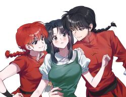 Rule 34 | 1boy, 2girls, black hair, bracer, braid, braided ponytail, breasts, chinese clothes, commentary request, dual persona, fuurinkan high school uniform, hand on another&#039;s hip, hand on another&#039;s shoulder, korean commentary, long hair, long sleeves, medium breasts, multiple girls, ranma-chan, ranma 1/2, red hair, red shirt, saotome ranma, school uniform, shirt, short sleeves, smile, tangzhuang, tendou akane, upper body, white background, wow1211