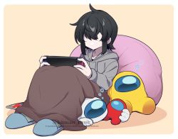 Rule 34 | 3others, ambiguous gender, among us, black hair, blanket, commentary request, controller, crewmate (among us), disembodied limb, faceless, game controller, grey hoodie, handheld game console, helmet, holding, holding handheld game console, hood, hoodie, kiman, multiple others, nintendo switch, reclining, short hair, squeans, sleepy, slippers, space helmet, spacesuit, stuffed toy, they (kiman), twitter username, under covers, white (among us), yellow (among us)