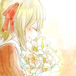 Rule 34 | 1girl, bouquet, character request, closed eyes, female focus, flower, gradient background, happy, kurau kii, lowres, plant, profile, smile, solo, white background