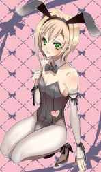 Rule 34 | 1boy, animal ears, asymmetrical hair, bad id, bad pixiv id, bare shoulders, blonde hair, blush, bow, bowtie, bulge, rabbit, collarbone, crossdressing, detached sleeves, elbow gloves, fake animal ears, gloves, green eyes, hairband, heart, high heels, kneeling, looking at viewer, male focus, male playboy bunny, open mouth, original, pantyhose, playboy bunny, rabbit ears, shoes, short hair, smile, solo, tachibanaei, thighhighs, trap
