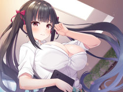 Rule 34 | 1girl, 3:, belt, black hair, blue hair, blunt bangs, breasts, bursting breasts, ceiling, cleavage, collared shirt, copyright request, from below, gradient hair, hair ribbon, hand in own hair, highres, holding, holding tablet pc, large breasts, light, long hair, multicolored hair, open clothes, open shirt, ribbon, shirt, short sleeves, sidelocks, solo, super nagoyaka, tablet pc, two-tone hair, upper body, very long hair, white shirt, window
