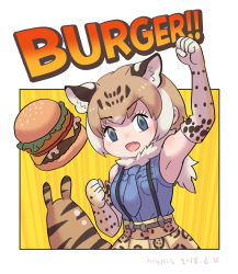 Rule 34 | 10s, :d, armpits, bare shoulders, blue eyes, blue necktie, blue shirt, burger, character request, commentary request, dated, dot nose, elbow gloves, english text, fang, food, fur collar, gloves, hand up, high-waist skirt, kemono friends, light brown hair, looking at viewer, multicolored hair, necktie, open mouth, orange skirt, roonhee, shirt, short hair, signature, skirt, sleeveless, sleeveless shirt, smile, solo, streaked hair, suspender skirt, suspenders, yellow background