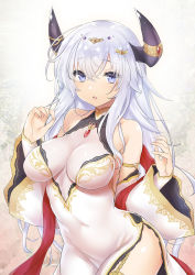 Rule 34 | 1girl, 47agdragon, bare shoulders, blue eyes, blush, breasts, commentary request, covered navel, detached sleeves, dress, fingernails, groin, hagoromo, hair between eyes, hands up, highres, horns, large breasts, long hair, long sleeves, looking at viewer, original, parted lips, pelvic curtain, shawl, silver hair, sleeveless, sleeveless dress, sleeves past wrists, solo, very long hair, white dress, white sleeves, wide sleeves