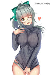 Rule 34 | 1girl, absurdres, bespectacled, bow, brown eyes, clothes pull, commentary request, cowboy shot, glasses, green bow, grey hair, grey sweater, hair bow, heart, highres, himura moritaka, kantai collection, long hair, looking at viewer, one-hour drawing challenge, panties, ponytail, ribbed sweater, smile, solo, sweater, sweater pull, twitter username, underwear, white panties, yuubari (kancolle)