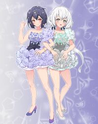 Rule 34 | 10s, 2girls, absurdres, bad id, bad pixiv id, bangle, blue eyes, blue hair, blush, bracelet, clenched hand, dress, flower, frilled sleeves, frills, full body, futari wa precure, gimnang, hair flower, hair ornament, hair ribbon, high heels, highres, idol, jewelry, konno junko, legs, long hair, low twintails, mizuno ai, multiple girls, musical note, open mouth, precure, red eyes, ribbon, short hair, skirt, sleeveless, sleeveless dress, smile, strapless, strapless dress, twintails, white hair, zombie land saga