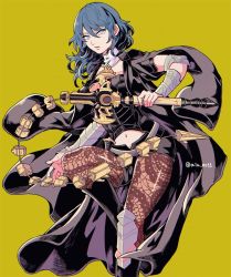 Rule 34 | 1girl, armor, black shorts, blue eyes, blue hair, brown pantyhose, byleth (female) (fire emblem), byleth (fire emblem), clothing cutout, fire emblem, fire emblem: three houses, hair between eyes, holding, holding sword, holding weapon, lace, lace-trimmed legwear, lace trim, navel cutout, nintendo, oimo (motu club), pantyhose, pantyhose under shorts, print pantyhose, shorts, simple background, solo, sword, sword of the creator, twitter username, weapon, yellow background
