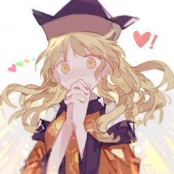 Rule 34 | !, 1girl, black headwear, blonde hair, blush, constellation print, detached sleeves, heart, highres, kyuutame, long hair, matara okina, own hands clasped, own hands together, shirt, tabard, touhou, white shirt, wide sleeves, yellow eyes
