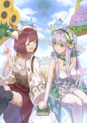 Rule 34 | 2girls, :d, absurdres, atelier (series), atelier lydie &amp; suelle, atyao-299, bare shoulders, breasts, bug, butterfly, closed eyes, closed mouth, cloud, coat, day, dress, flower, gloves, green eyes, hair flower, hair ornament, head scarf, highres, insect, long hair, long sleeves, looking at another, medium breasts, multiple girls, open mouth, outdoors, paper, plachta, red hair, red skirt, short hair, sitting, skirt, sky, smile, sophie neuenmuller, sunflower, thighhighs, very long hair, white gloves, white headwear, white thighhighs