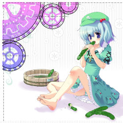 Rule 34 | 1girl, barefoot, blue eyes, blue hair, cucumber, dress, eating, feet, female focus, food, hair bobbles, hair ornament, hat, highres, kasane, kawashiro nitori, matching hair/eyes, panties, short hair, solo, striped clothes, striped panties, touhou, twintails, two side up, underwear, white background