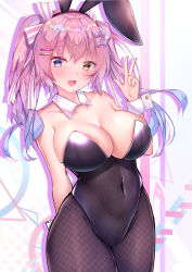 Rule 34 | 1girl, absurdres, animal ears, bare shoulders, breasts, cleavage, collarbone, commentary request, covered navel, cowboy shot, detached collar, fake animal ears, fang, fishnet pantyhose, fishnets, heart, heart-shaped pupils, heterochromia, highres, large breasts, leotard, open mouth, original, pantyhose, pink hair, playboy bunny, purple eyes, rabbit ears, skin fang, sleeveless, solo, strapless, strapless leotard, symbol-shaped pupils, tongue, twintails, twiska (doubitian), v, wrist cuffs, yellow eyes