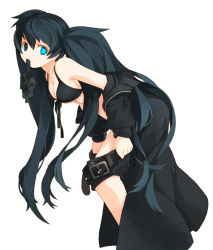 Rule 34 | 10s, 1girl, black hair, black rock shooter, black rock shooter (character), blue eyes, bra, breasts, female focus, gloves, lingerie, long hair, mouth hold, ran system, simple background, solo, star (symbol), twintails, underwear, undressing