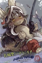 Rule 34 | 1boy, 1girl, :3, black hair, blush, copyright name, ears through headwear, fangs, fish, fishing rod, furry, green eyes, grey background, highres, horizontal pupils, horns, long hair, lying, made in abyss, multicolored eyes, nanachi (made in abyss), official art, pants, pouch, regu (made in abyss), sitting, slit pupils, smelling, tail, topless, translated, tsukushi akihito, watermark, whiskers, white hair, yellow eyes