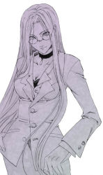 Rule 34 | 00s, 1girl, bra, breasts, business suit, choker, cleavage, cowboy shot, fate/stay night, fate (series), formal, glasses, greyscale, lingerie, long hair, medium breasts, medusa (fate), medusa (rider) (fate), monochrome, simple background, smile, solo, square pupils, suit, underwear, very long hair