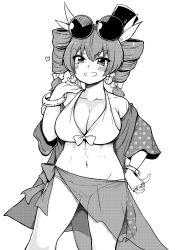 Rule 34 | 1girl, abs, alternate costume, bangle, bikini, blush, bracelet, breasts, cleavage, collarbone, commentary request, cowboy shot, drill hair, earrings, eyewear on head, greyscale, grin, hand on own hip, hat, highres, himajin noizu, jacket, jewelry, large breasts, looking at viewer, mini hat, mini top hat, monochrome, off shoulder, open clothes, open jacket, ring, sarong, simple background, smile, smug, solo, standing, sunglasses, swimsuit, toned, top hat, touhou, twintails, white background, yorigami jo&#039;on
