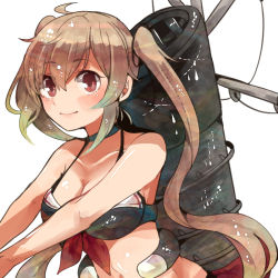 Rule 34 | 10s, 1girl, adapted costume, bikini, breasts, brown eyes, collar, itomugi-kun, kantai collection, light brown hair, long hair, machinery, murasame (kancolle), simple background, smokestack, solo, swimsuit, twintails