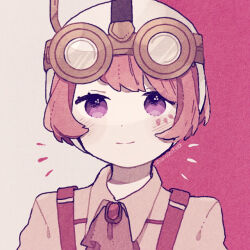 Rule 34 | 1girl, ascot, aviator cap, brooch, collared shirt, facial mark, goggles, goggles on head, identity v, jewelry, pink hair, ponponzutea, purple eyes, shirt, short hair, smile, solo, suspenders, tracy reznik, tracy reznik (velvet puzzle)