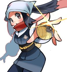 Rule 34 | 1girl, akari (pokemon), black hair, blush, commentary request, creatures (company), eyelashes, floating hair, floating scarf, game freak, grey eyes, head scarf, holding, holding poke ball, hyou (hyouga617), long hair, looking at viewer, nintendo, open mouth, poke ball, poke ball (legends), pokemon, pokemon legends: arceus, ponytail, red scarf, sash, scarf, sidelocks, solo, white headwear