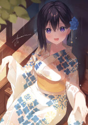1girl :d amamine black_hair blue_flower blurry blurry_foreground blush branch breasts collarbone cowboy_shot day floral_print flower hair_behind_ear hair_flower hair_ornament hands_up highres japanese_clothes kanzashi kimono large_breasts legs_together long_hair long_sleeves looking_at_viewer obi open_mouth original outdoors print_kimono purple_eyes rain sash shadow sidelocks signature sitting sitting_on_stairs smile solo stairs wet wet_clothes wet_face white_kimono wide_sleeves yukata