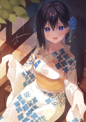 Rule 34 | 1girl, :d, amamine, black hair, blue flower, blurry, blurry foreground, blush, branch, breasts, collarbone, cowboy shot, day, floral print, flower, hair behind ear, hair flower, hair ornament, hands up, highres, japanese clothes, kanzashi, kimono, large breasts, legs together, long hair, long sleeves, looking at viewer, obi, open mouth, original, outdoors, print kimono, purple eyes, rain, sash, shadow, sidelocks, signature, sitting, sitting on stairs, smile, solo, stairs, wet, wet clothes, wet face, white kimono, wide sleeves, yukata